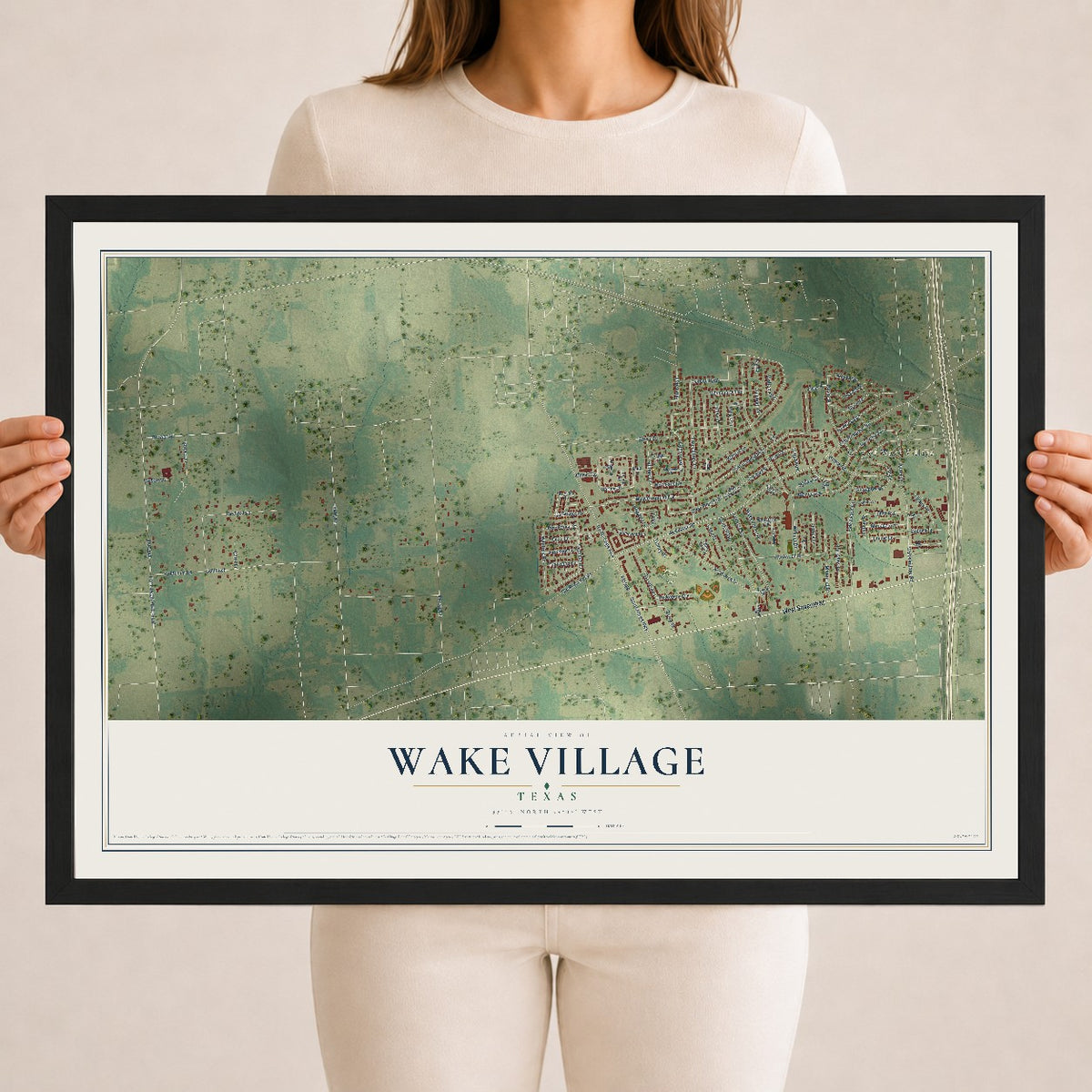 Map of Wake Village, Texas, 18 x 24 inch print in a black wood frame