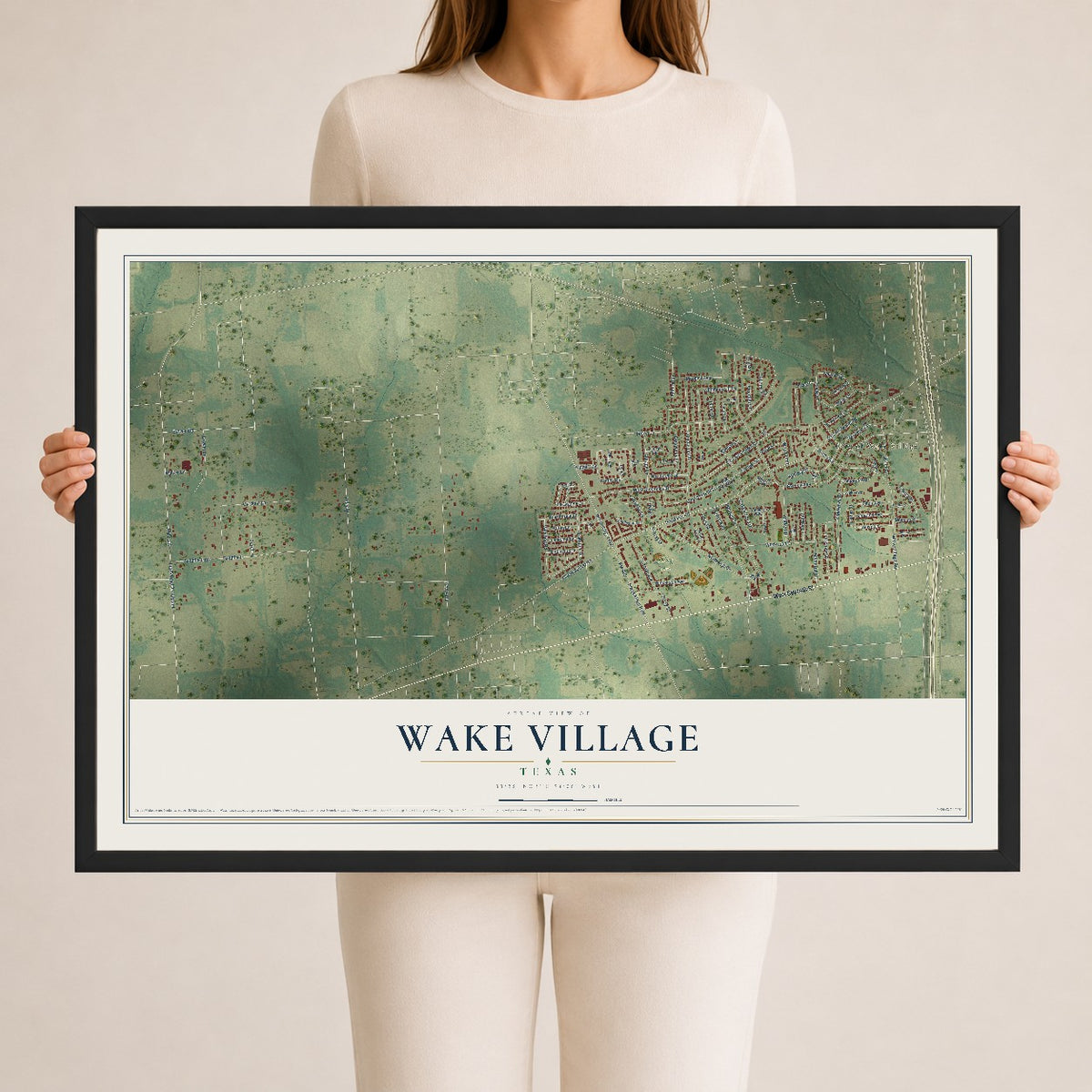 Map of Wake Village, Texas, 24 x 36 inch print in a black wood frame