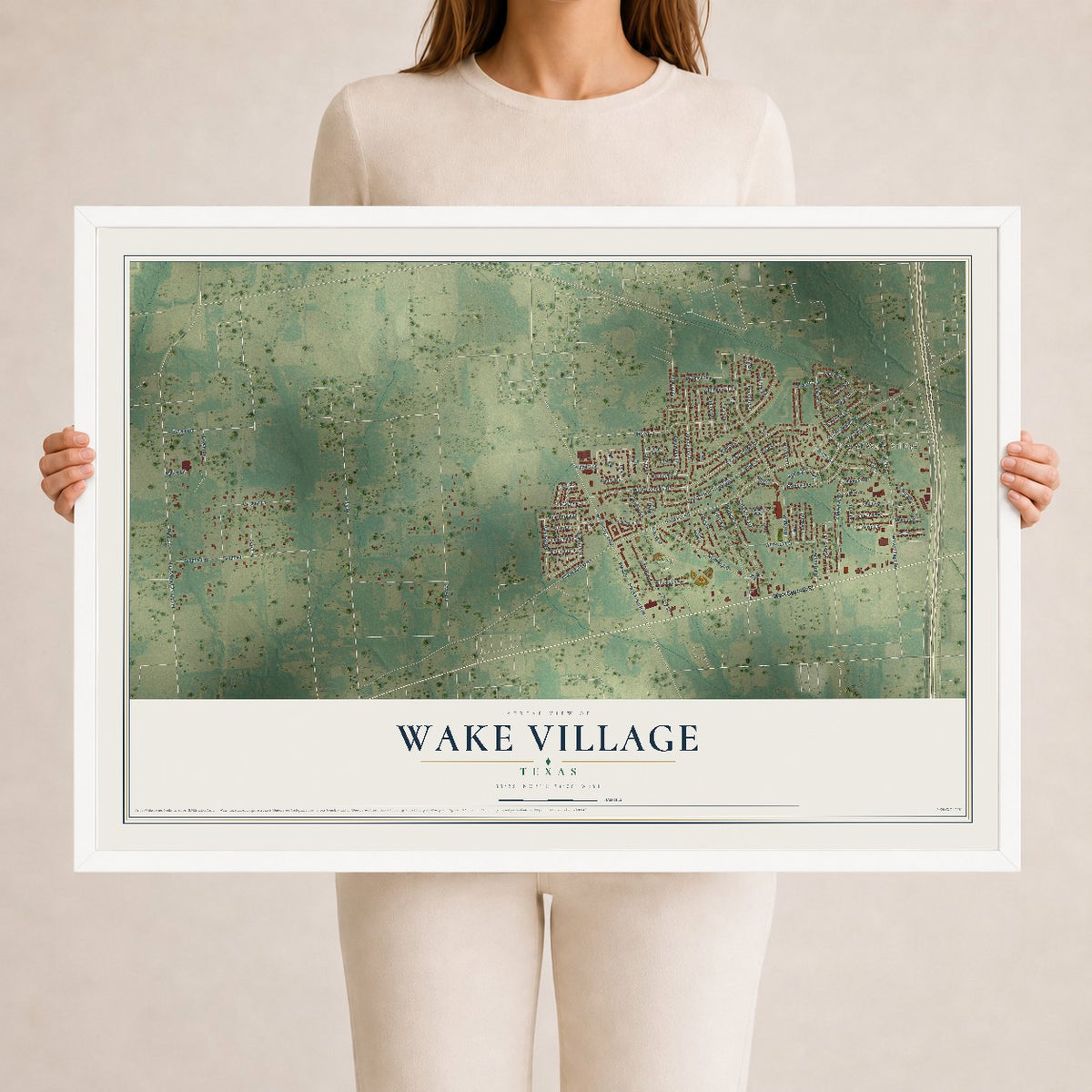 Map of Wake Village, Texas, 24 x 36 inch print in a white wood frame