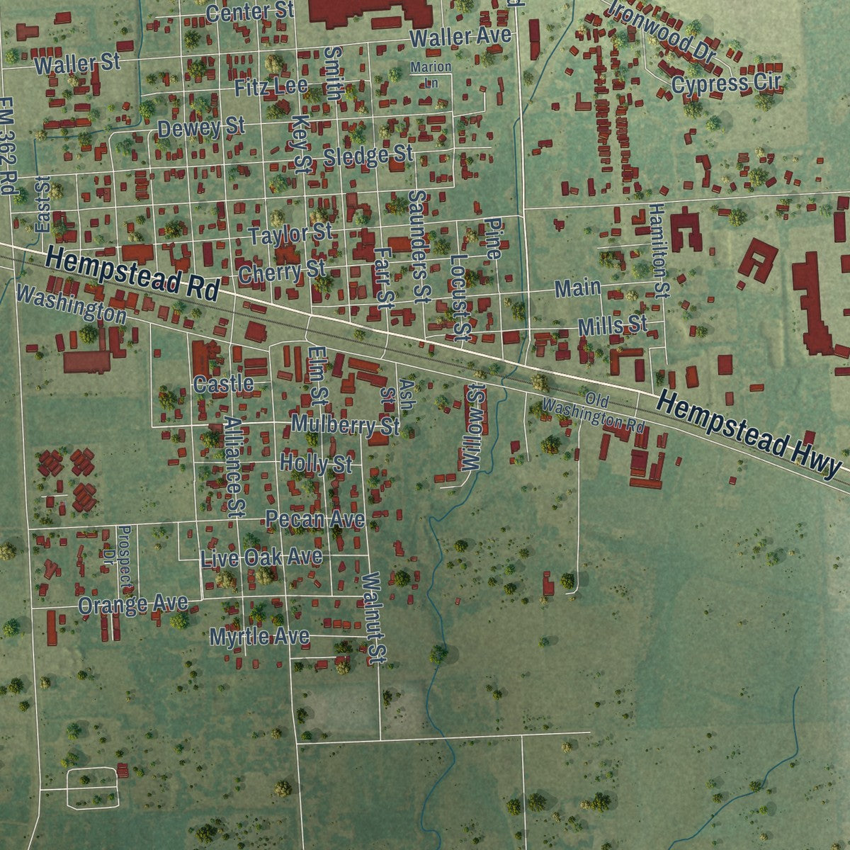 Close-up of the map of Waller, Texas print showing street and building detail
