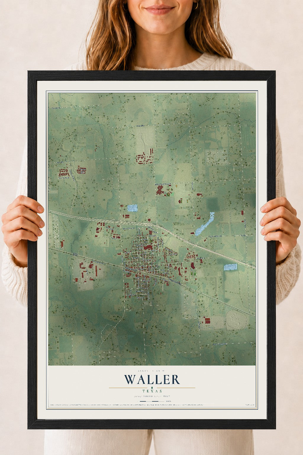 Map of Waller, Texas, 18 x 24 inch print in a black wood frame