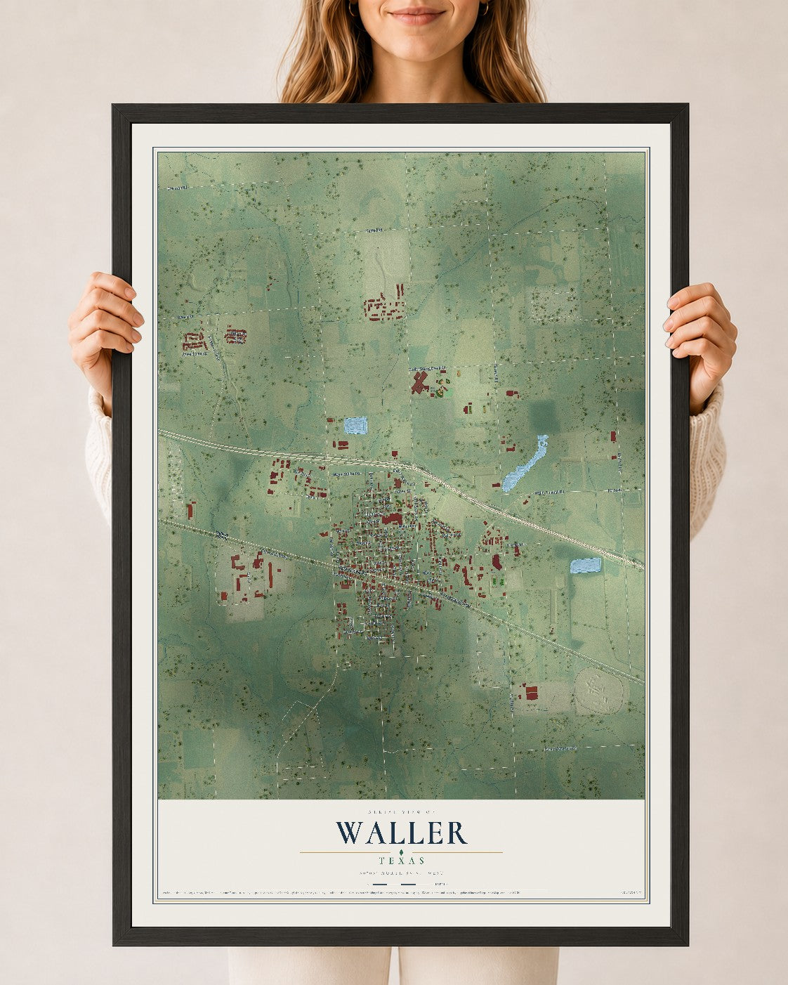 Map of Waller, Texas, 24 x 36 inch print in a black wood frame
