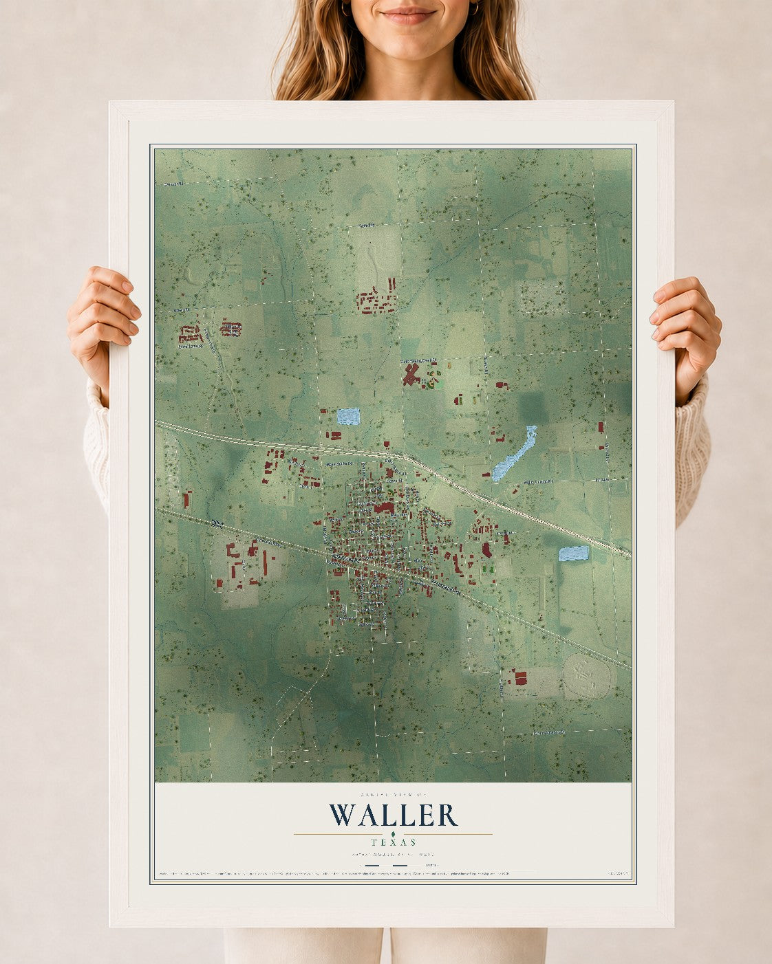 Map of Waller, Texas, 24 x 36 inch print in a white wood frame