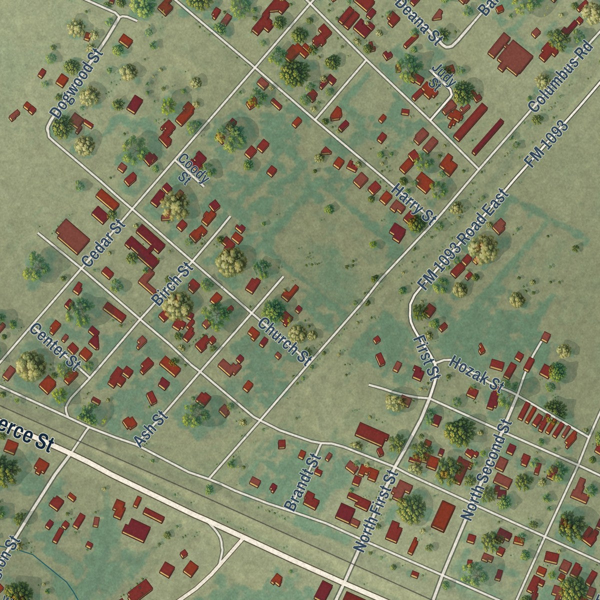 Close-up of the map of Wallis, Texas print showing street and building detail