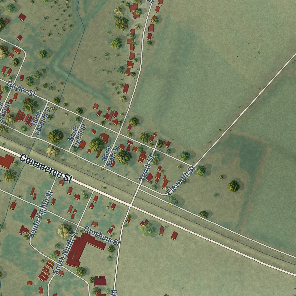 Second close-up of the map of Wallis, Texas print showing more streets and buildings