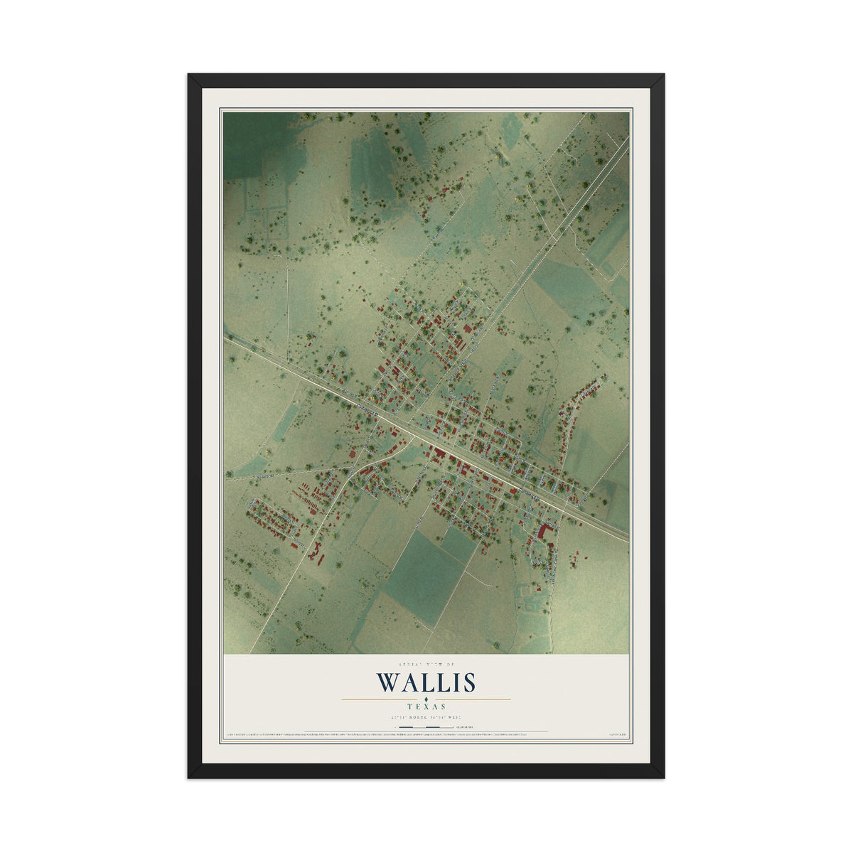 Map of Wallis, Texas, 12 x 18 inch print in a black wood frame