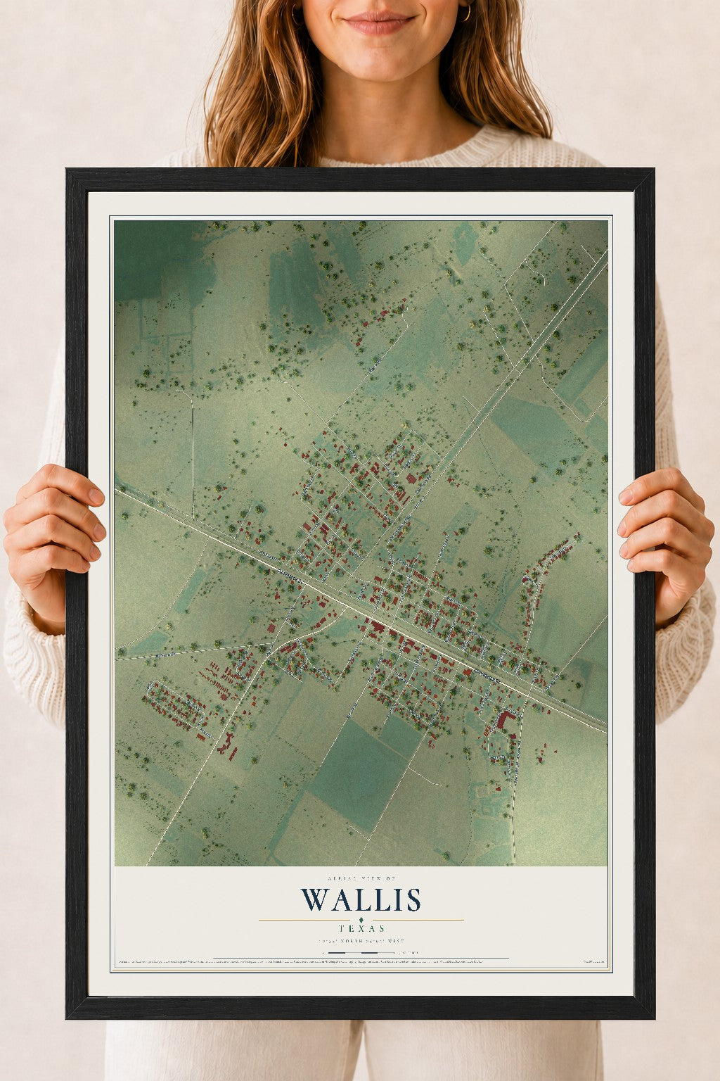 Map of Wallis, Texas, 18 x 24 inch print in a black wood frame