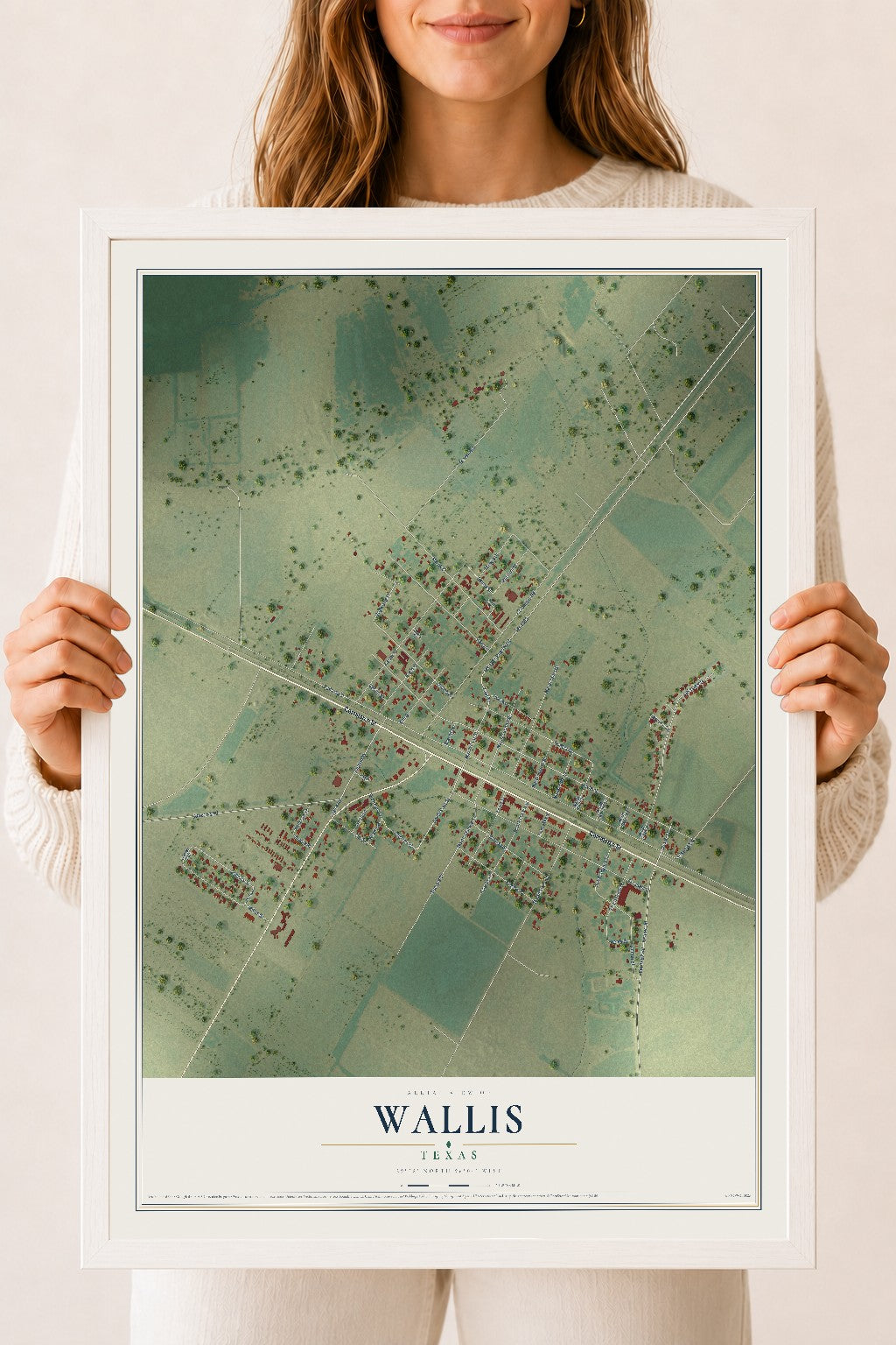 Map of Wallis, Texas, 18 x 24 inch print in a white wood frame
