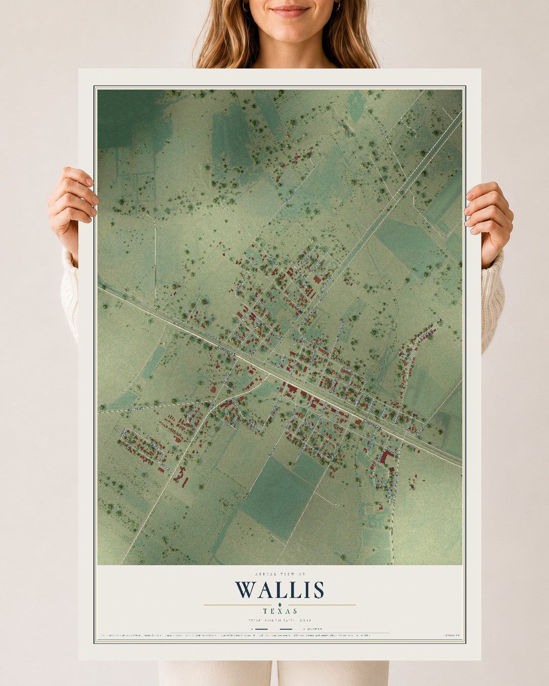 Map of Wallis, Texas, 24 x 36 inch unframed archival matte print