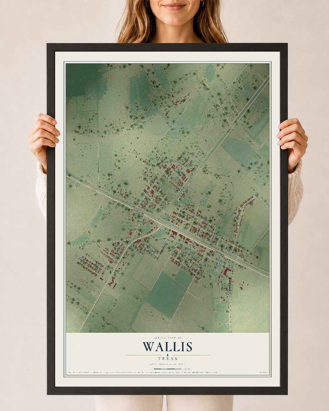 Map of Wallis, Texas, 24 x 36 inch print in a black wood frame