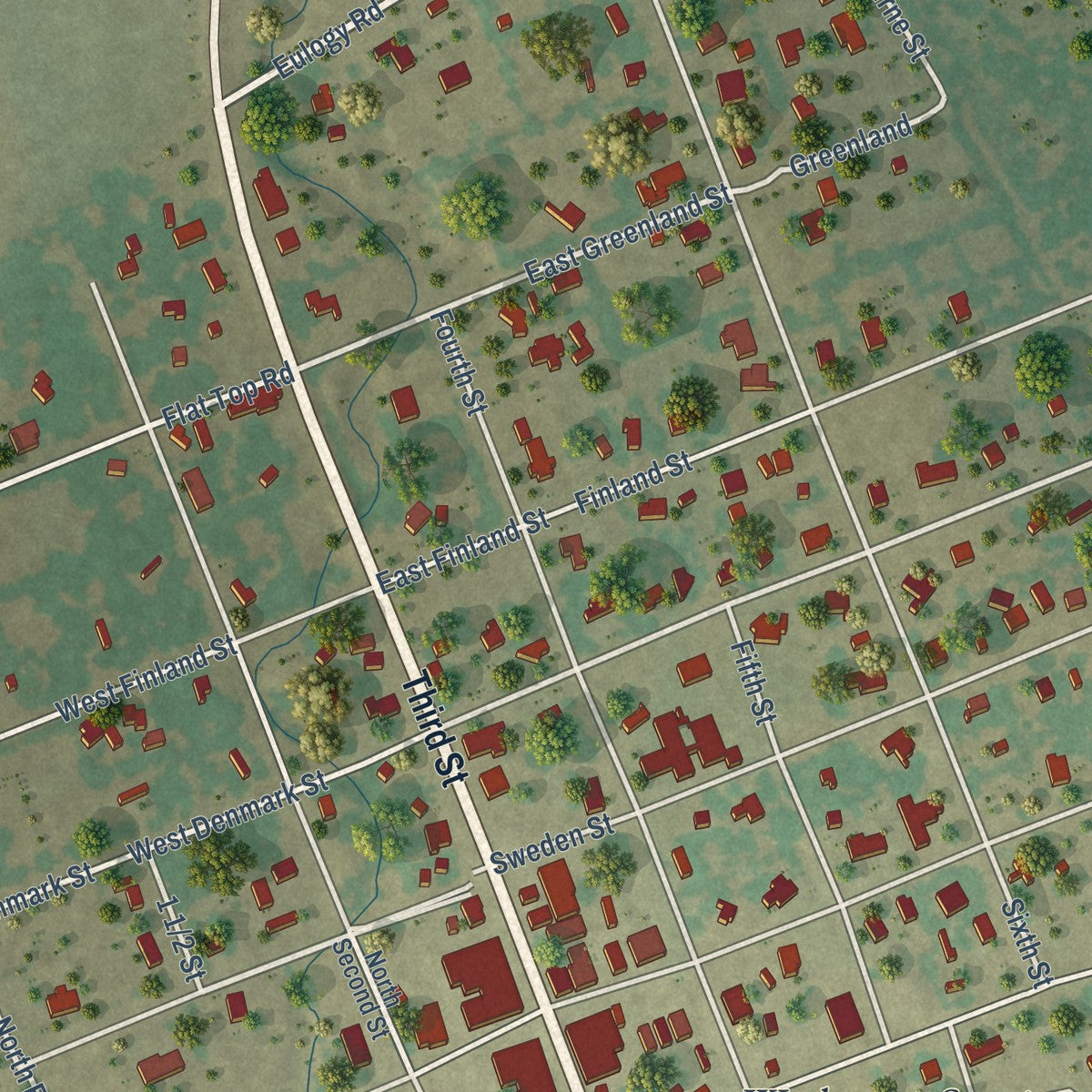 Close-up of the map of Walnut Springs, Texas print showing street and building detail