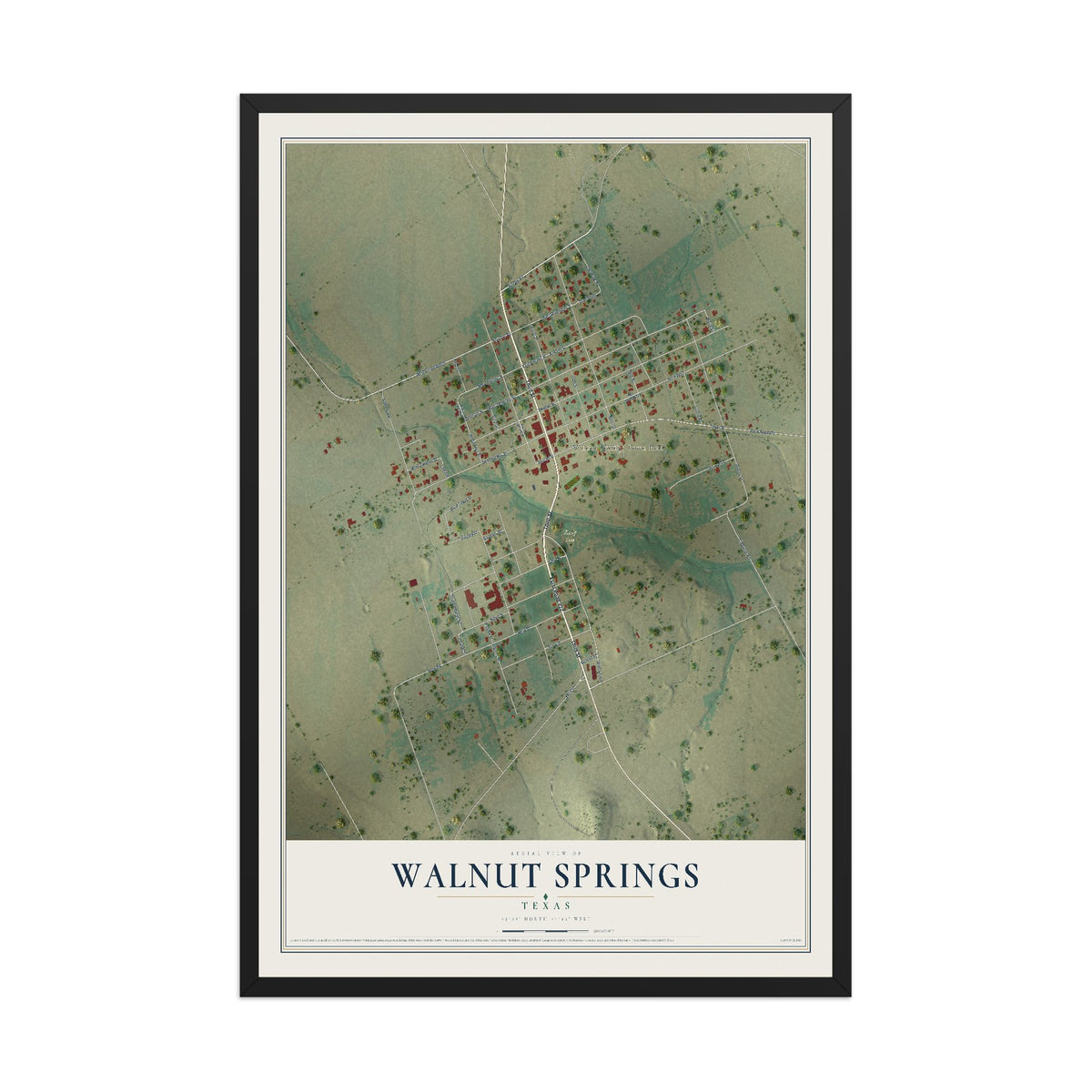 Map of Walnut Springs, Texas, 12 x 18 inch print in a black wood frame