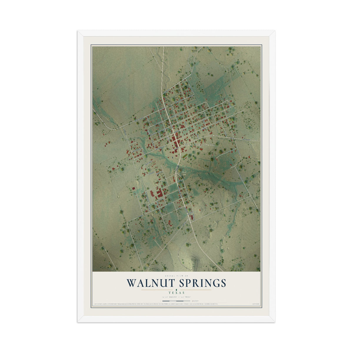 Map of Walnut Springs, Texas, 12 x 18 inch print in a white wood frame