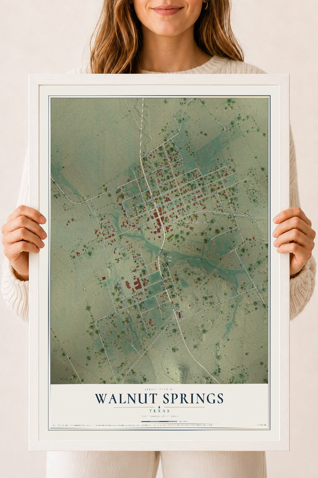 Map of Walnut Springs, Texas, 18 x 24 inch print in a white wood frame