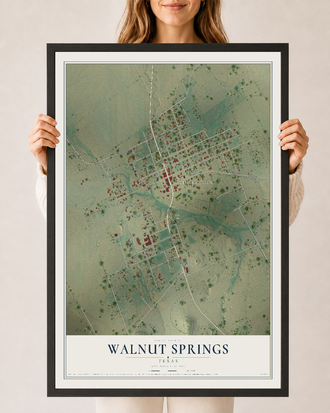 Map of Walnut Springs, Texas, 24 x 36 inch print in a black wood frame