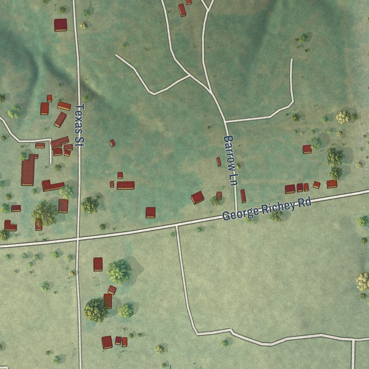 Second close-up of the map of Warren City, Texas print showing more streets and buildings