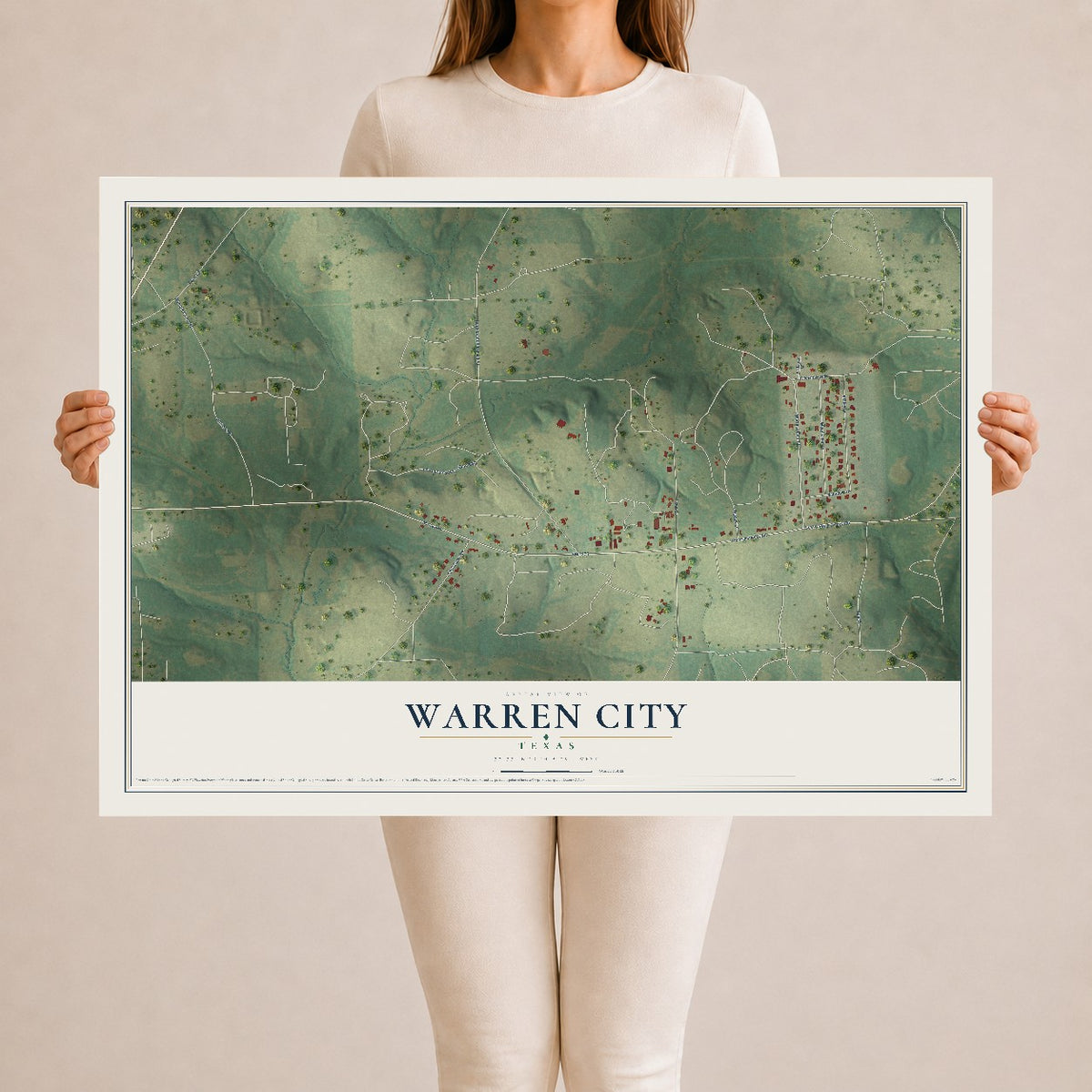 Map of Warren City, Texas, 24 x 36 inch unframed archival matte print