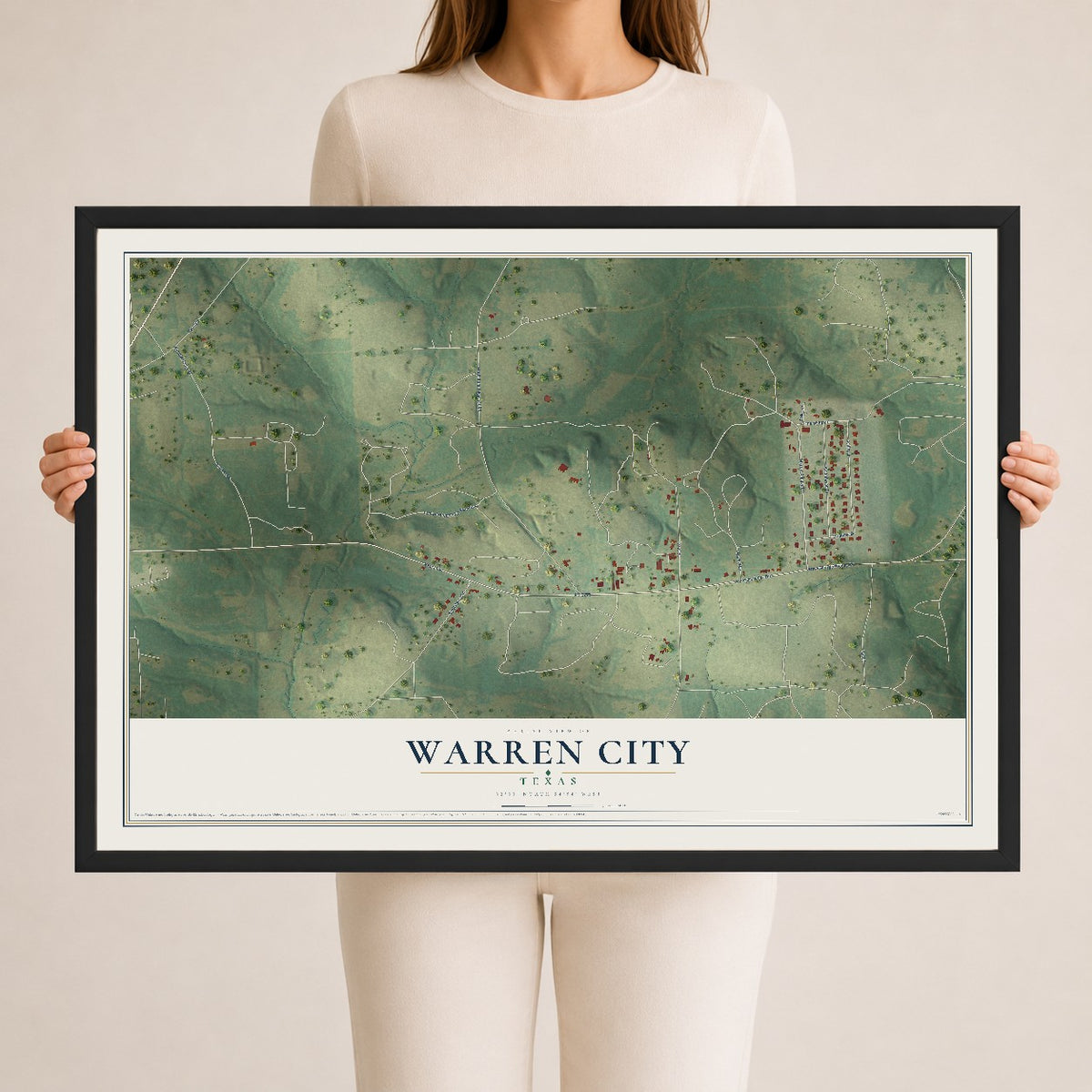 Map of Warren City, Texas, 24 x 36 inch print in a black wood frame