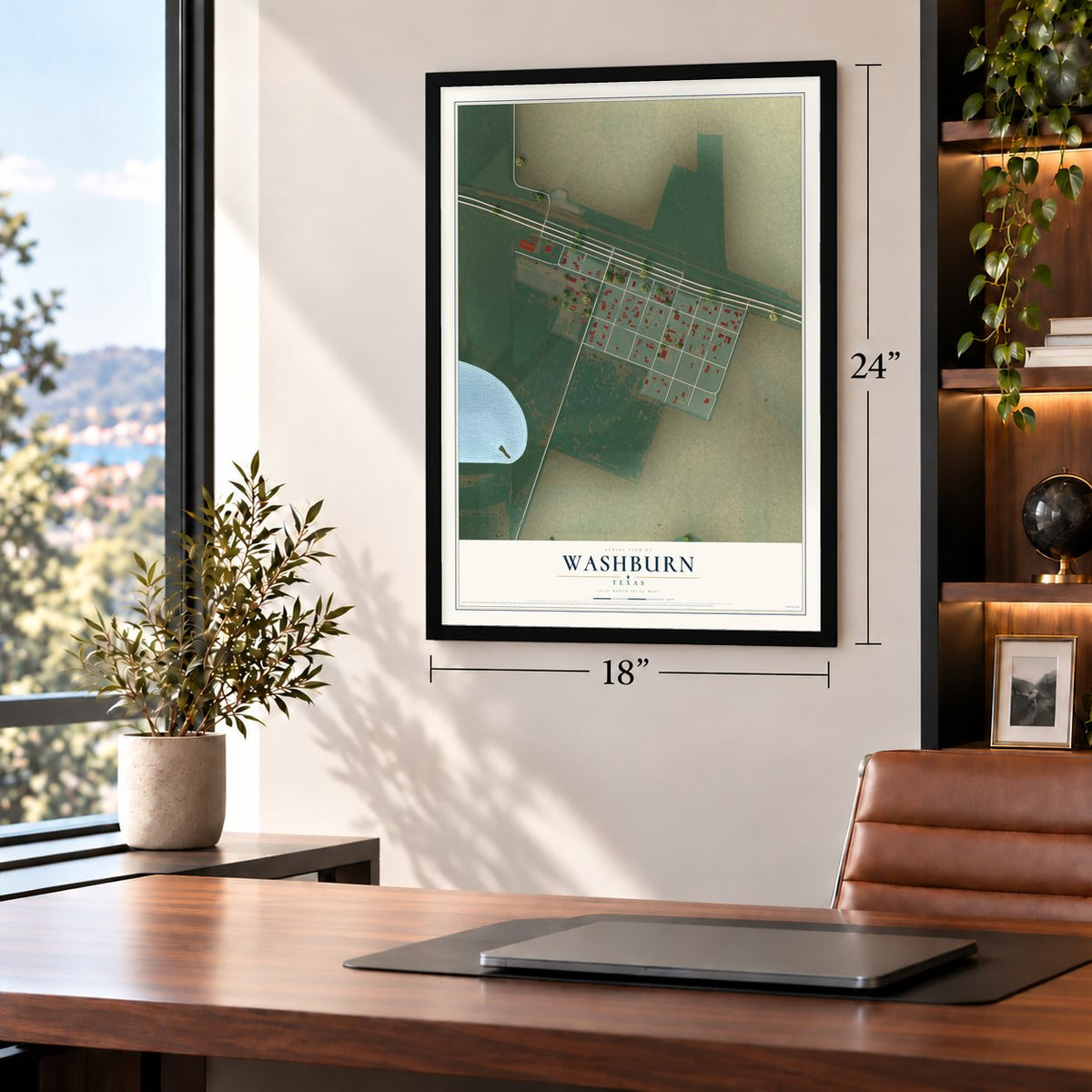 Washburn, Texas map, 18 x 24 inch print in a black frame in a home office
