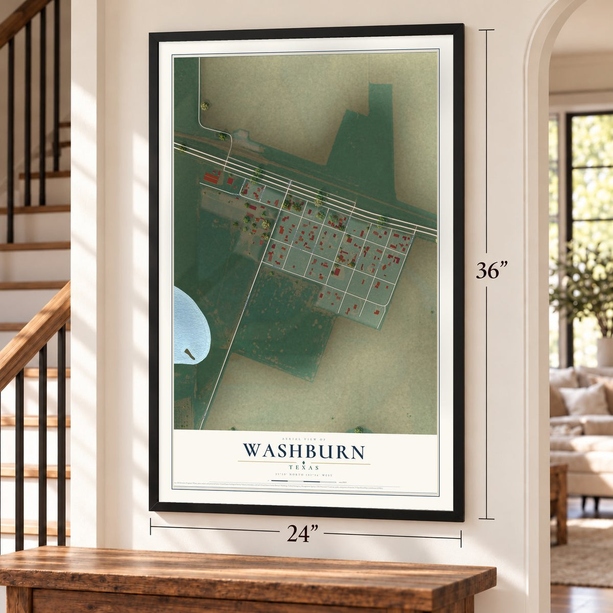 Washburn, Texas map, 24 x 36 inch print in a black frame by a staircase
