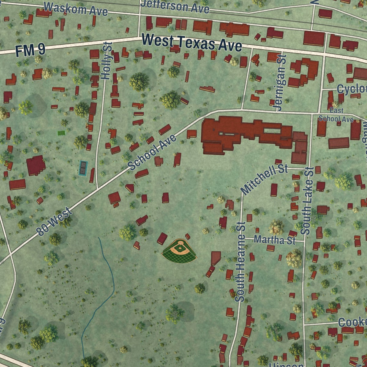 Close-up of the map of Waskom, Texas print showing street and building detail