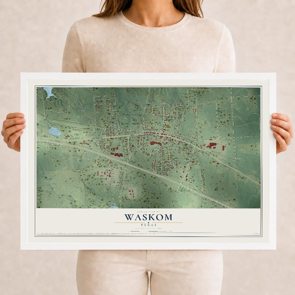 Map of Waskom, Texas, 12 x 18 inch print in a white wood frame