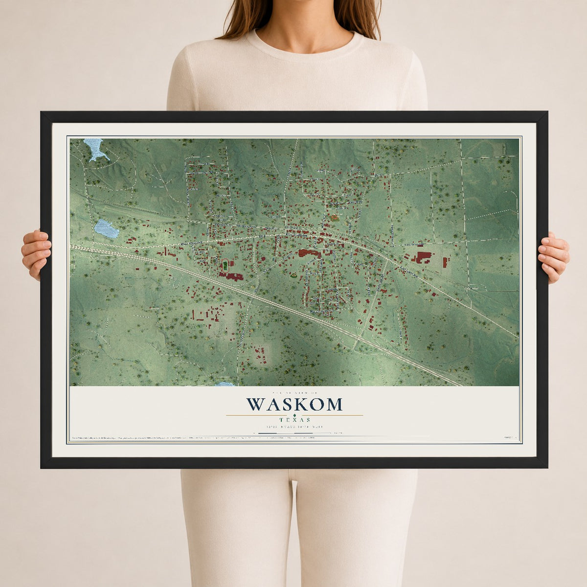 Map of Waskom, Texas, 24 x 36 inch print in a black wood frame