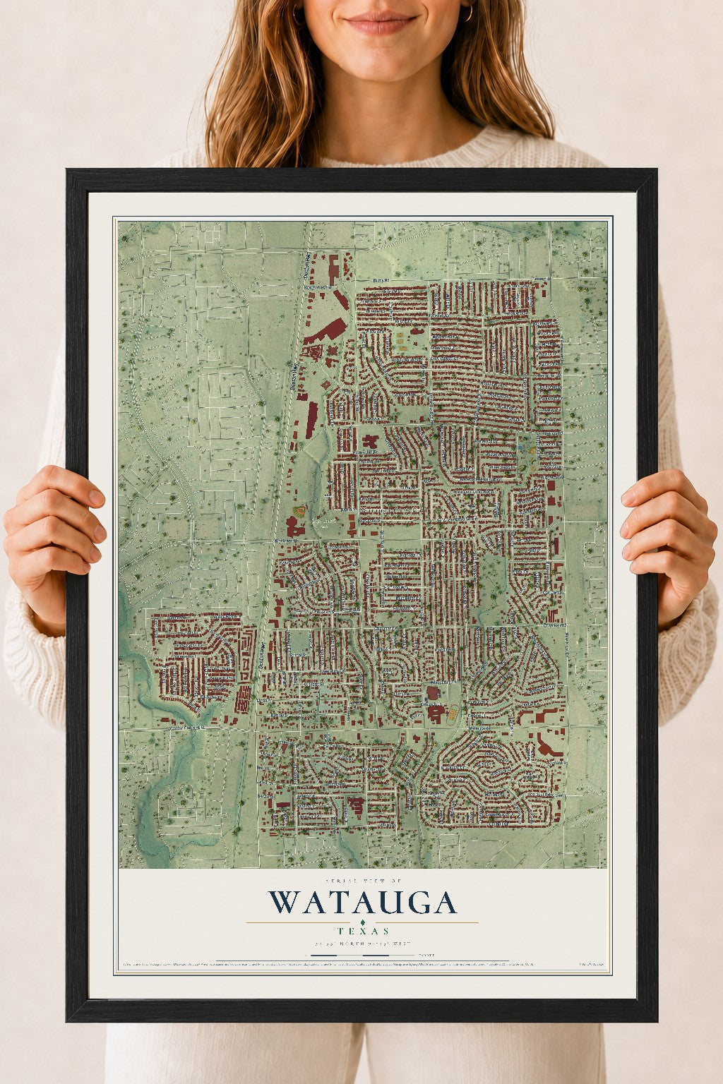 Map of Watauga, Texas, 18 x 24 inch print in a black wood frame
