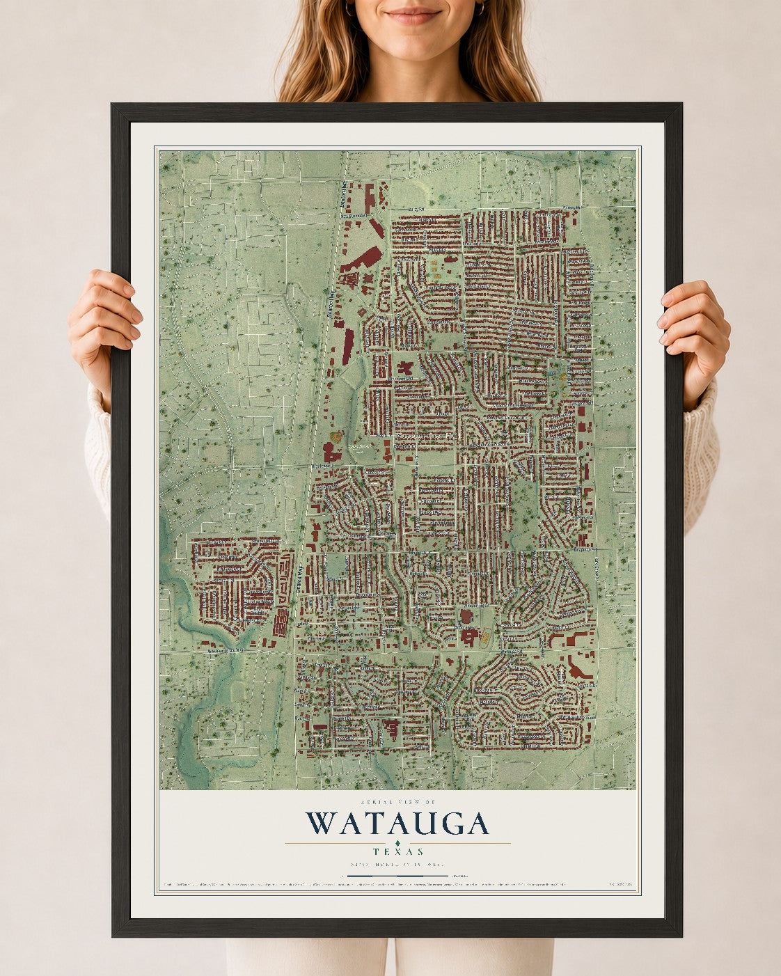 Map of Watauga, Texas, 24 x 36 inch print in a black wood frame