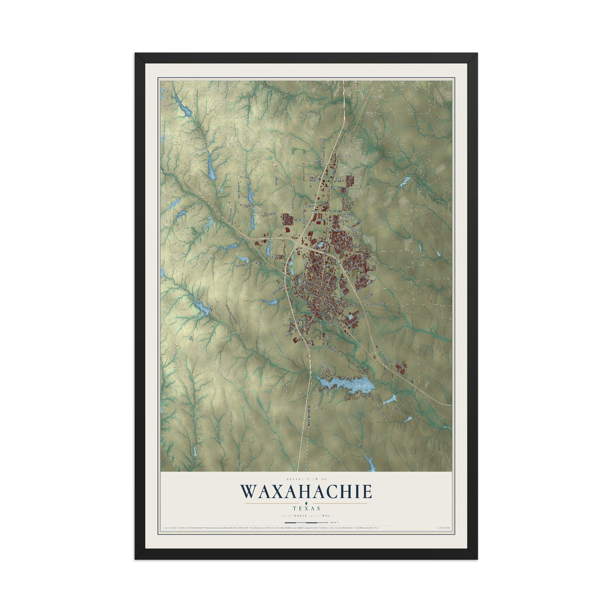 Map of Waxahachie, Texas, 12 x 18 inch print in a black wood frame