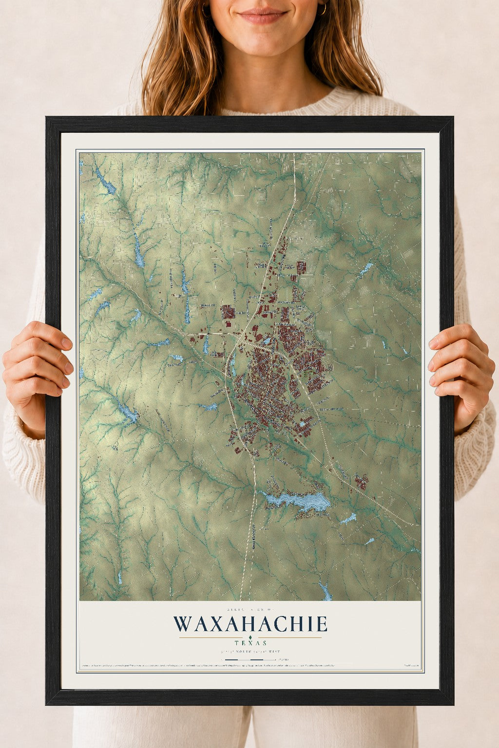 Map of Waxahachie, Texas, 18 x 24 inch print in a black wood frame
