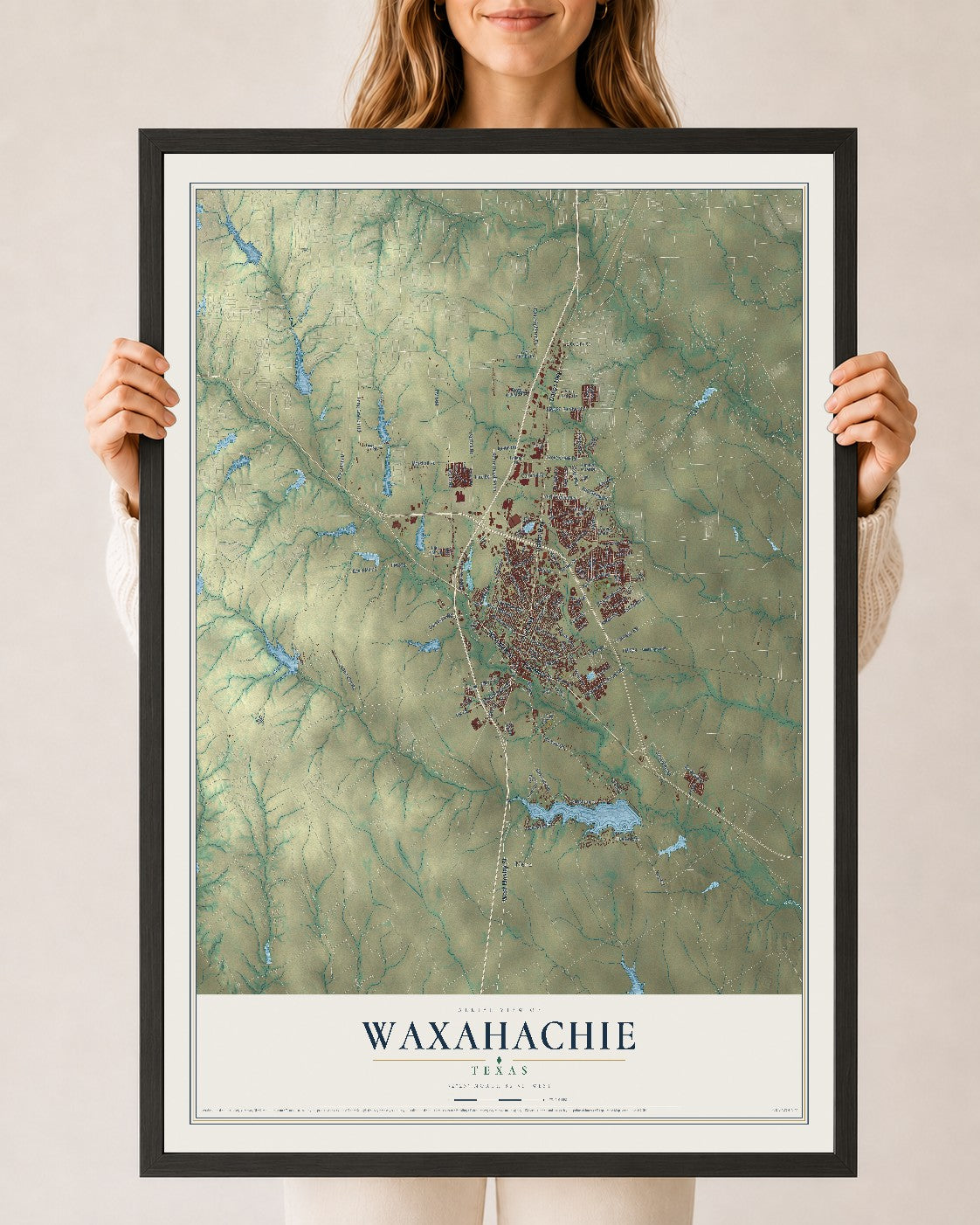 Map of Waxahachie, Texas, 24 x 36 inch print in a black wood frame