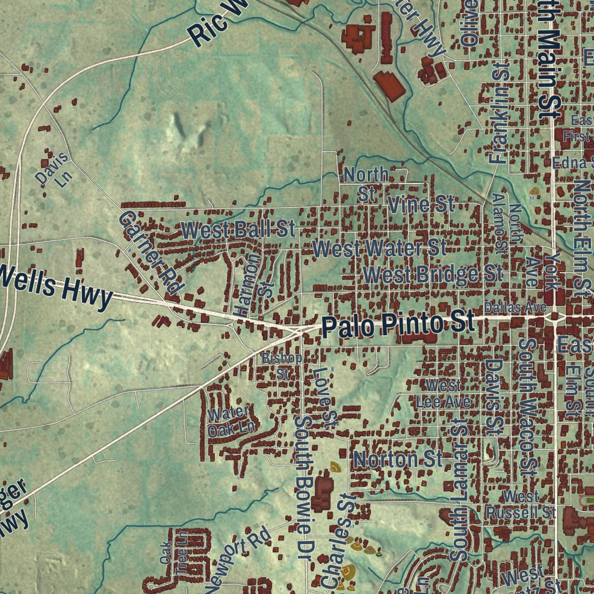 Close-up of the map of Weatherford, Texas print showing street and building detail