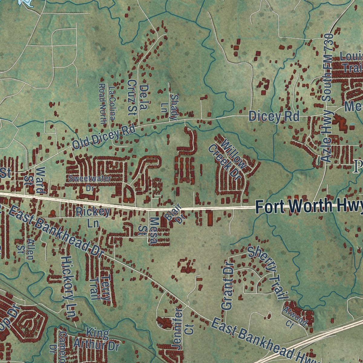 Second close-up of the map of Weatherford, Texas print showing more streets and buildings