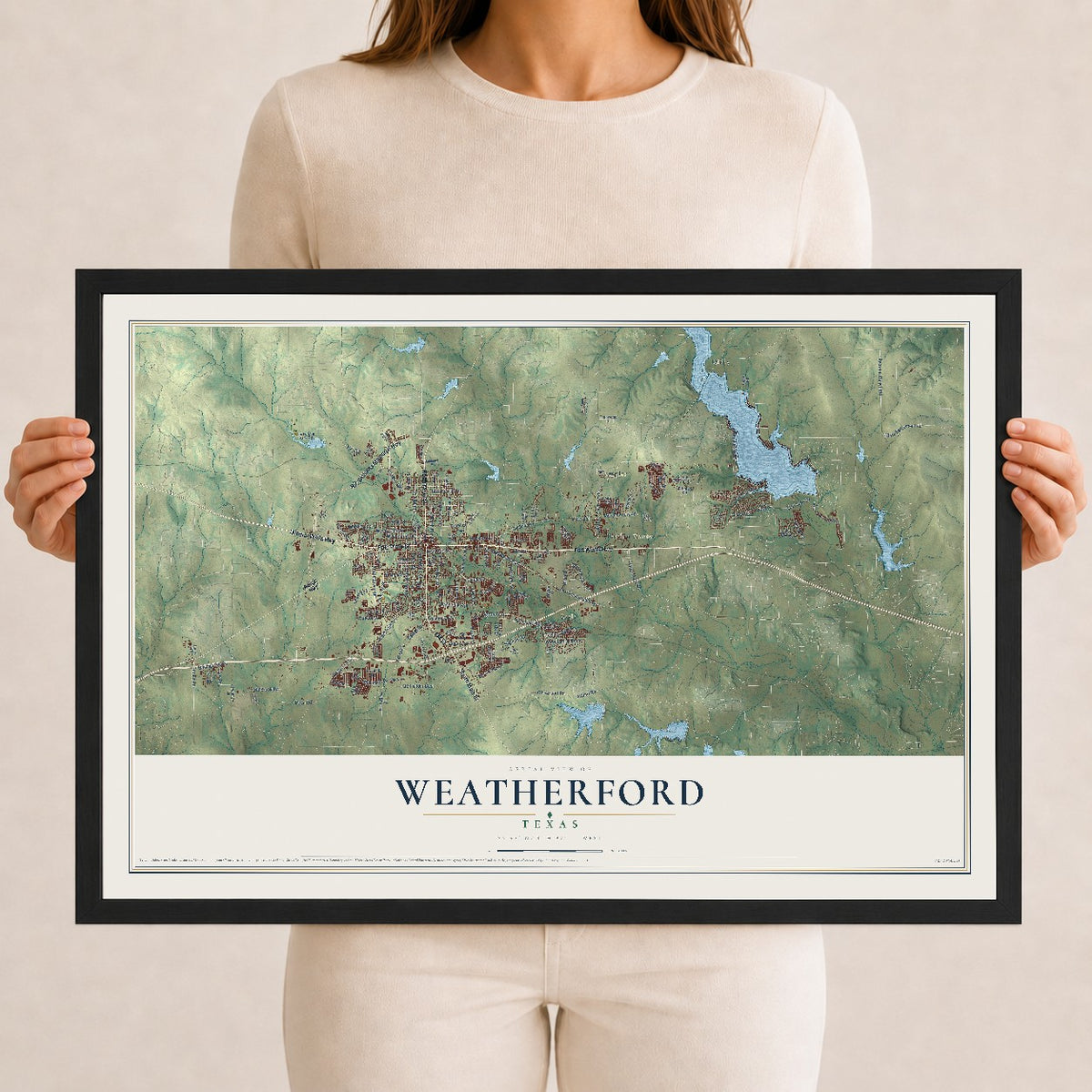 Map of Weatherford, Texas, 12 x 18 inch print in a black wood frame