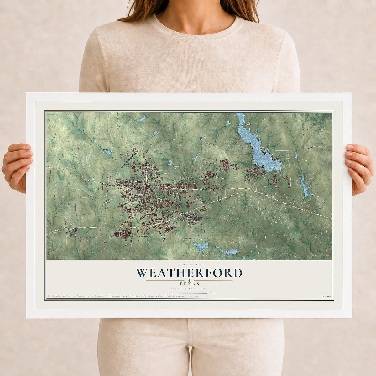 Map of Weatherford, Texas, 12 x 18 inch print in a white wood frame