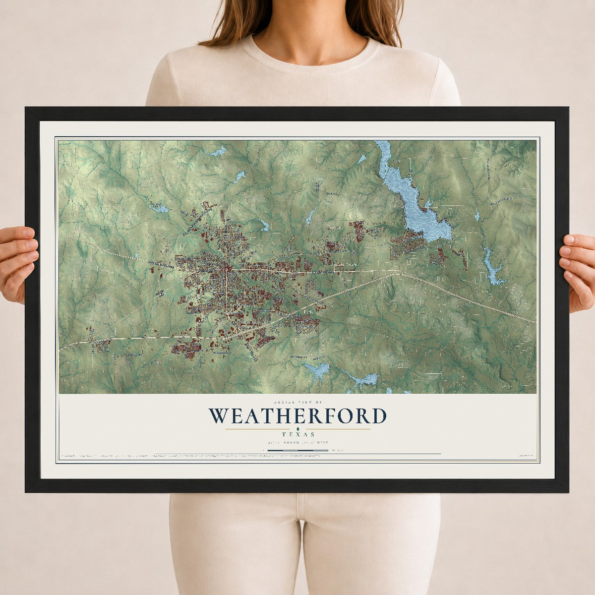 Map of Weatherford, Texas, 18 x 24 inch print in a black wood frame