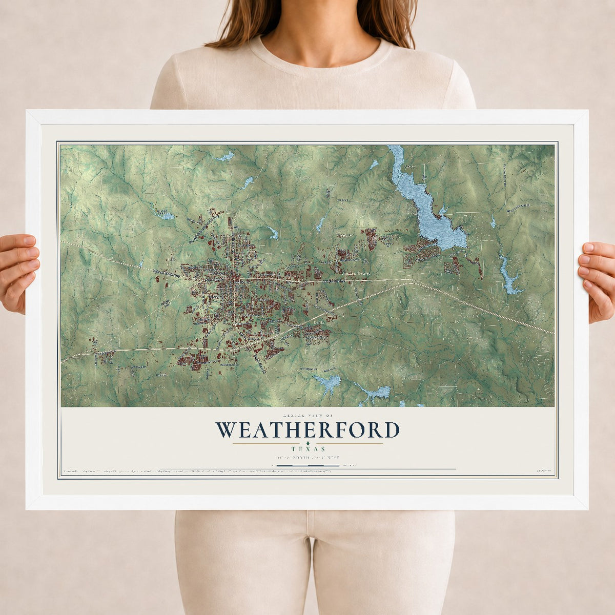 Map of Weatherford, Texas, 18 x 24 inch print in a white wood frame