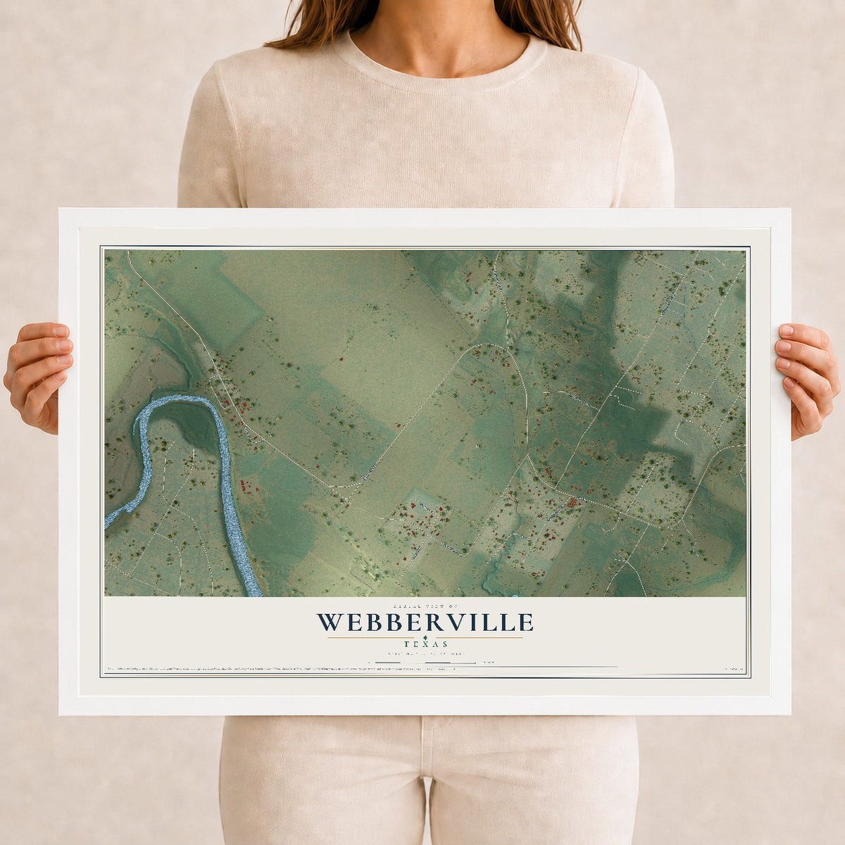 Map of Webberville, Texas, 12 x 18 inch print in a white wood frame