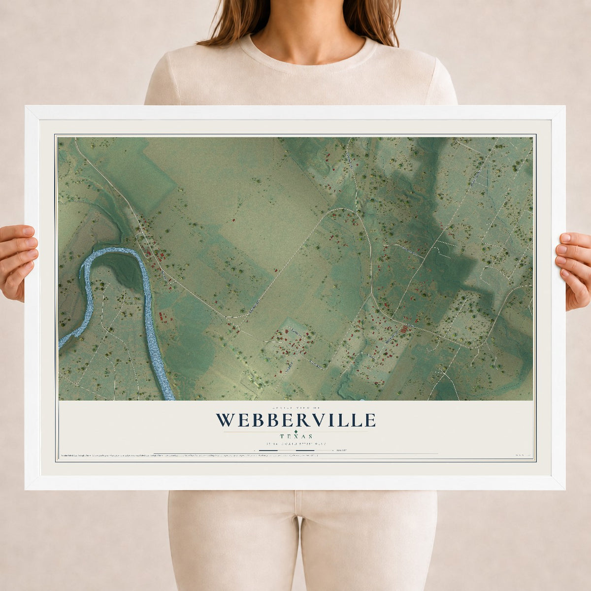 Map of Webberville, Texas, 18 x 24 inch print in a white wood frame