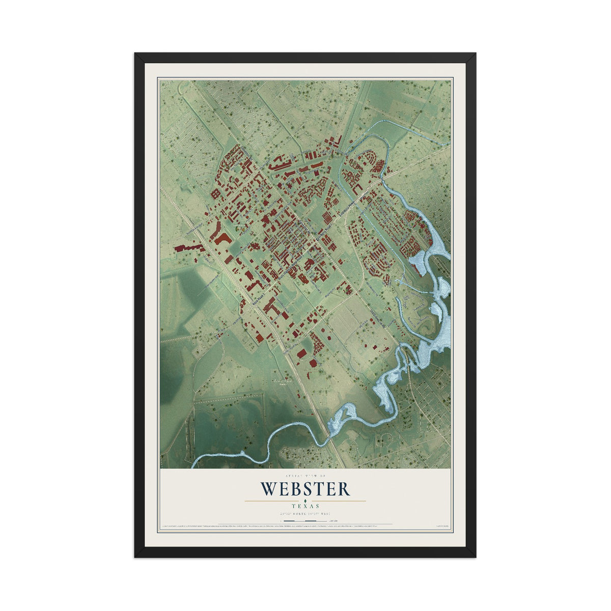 Map of Webster, Texas, 12 x 18 inch print in a black wood frame