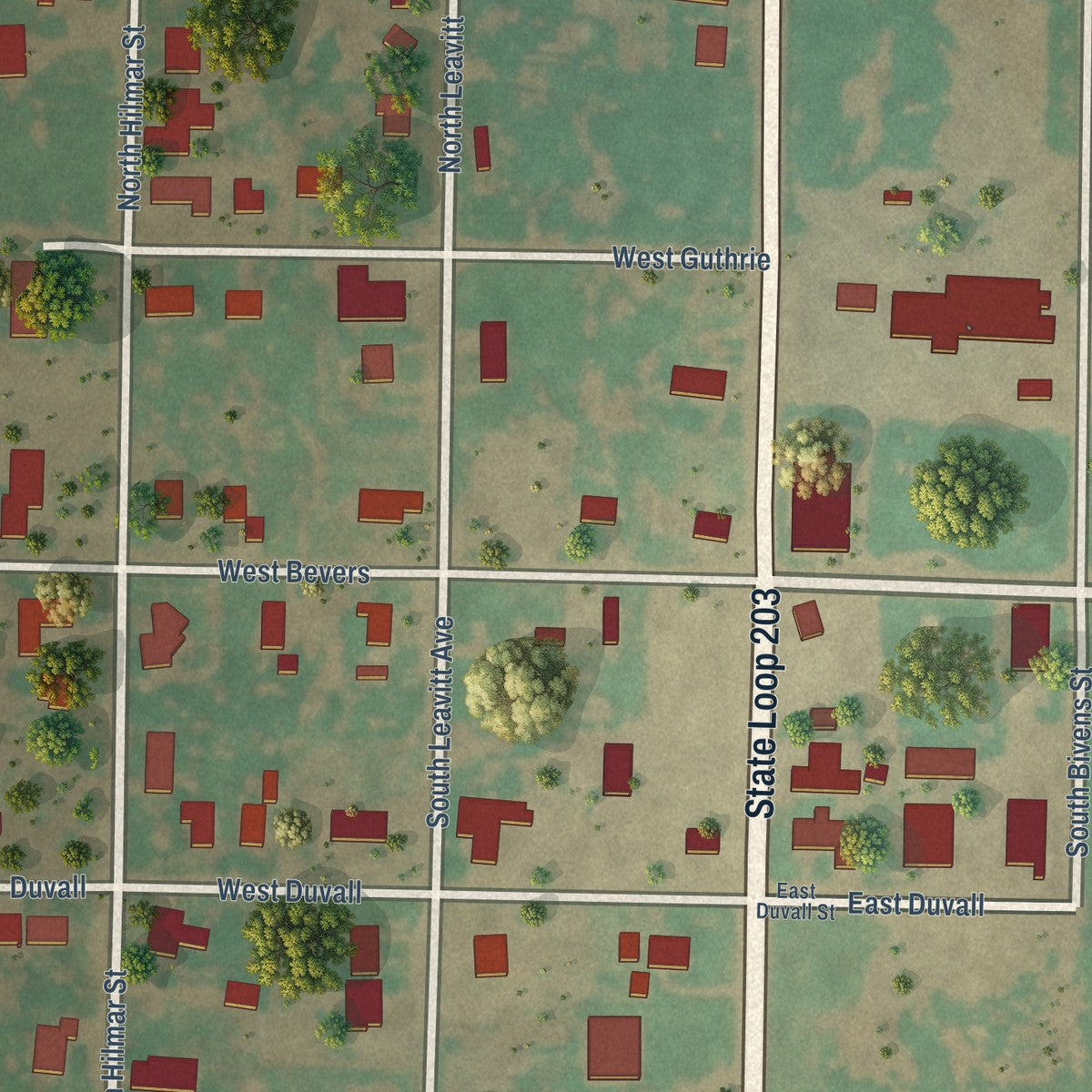 Close-up of the map of Weinert, Texas print showing street and building detail