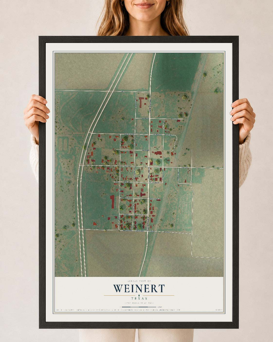 Map of Weinert, Texas, 24 x 36 inch print in a black wood frame