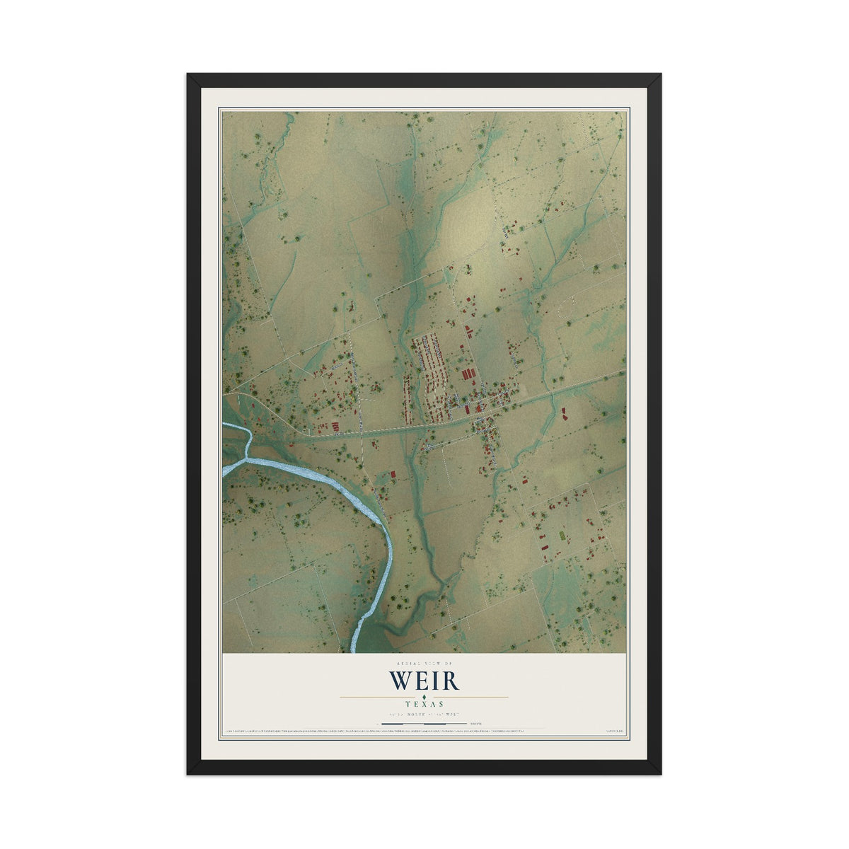 Map of Weir, Texas, 12 x 18 inch print in a black wood frame