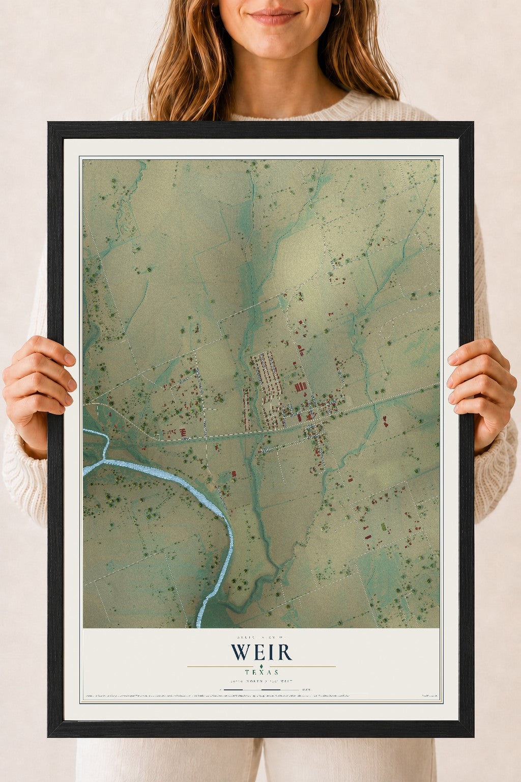 Map of Weir, Texas, 18 x 24 inch print in a black wood frame