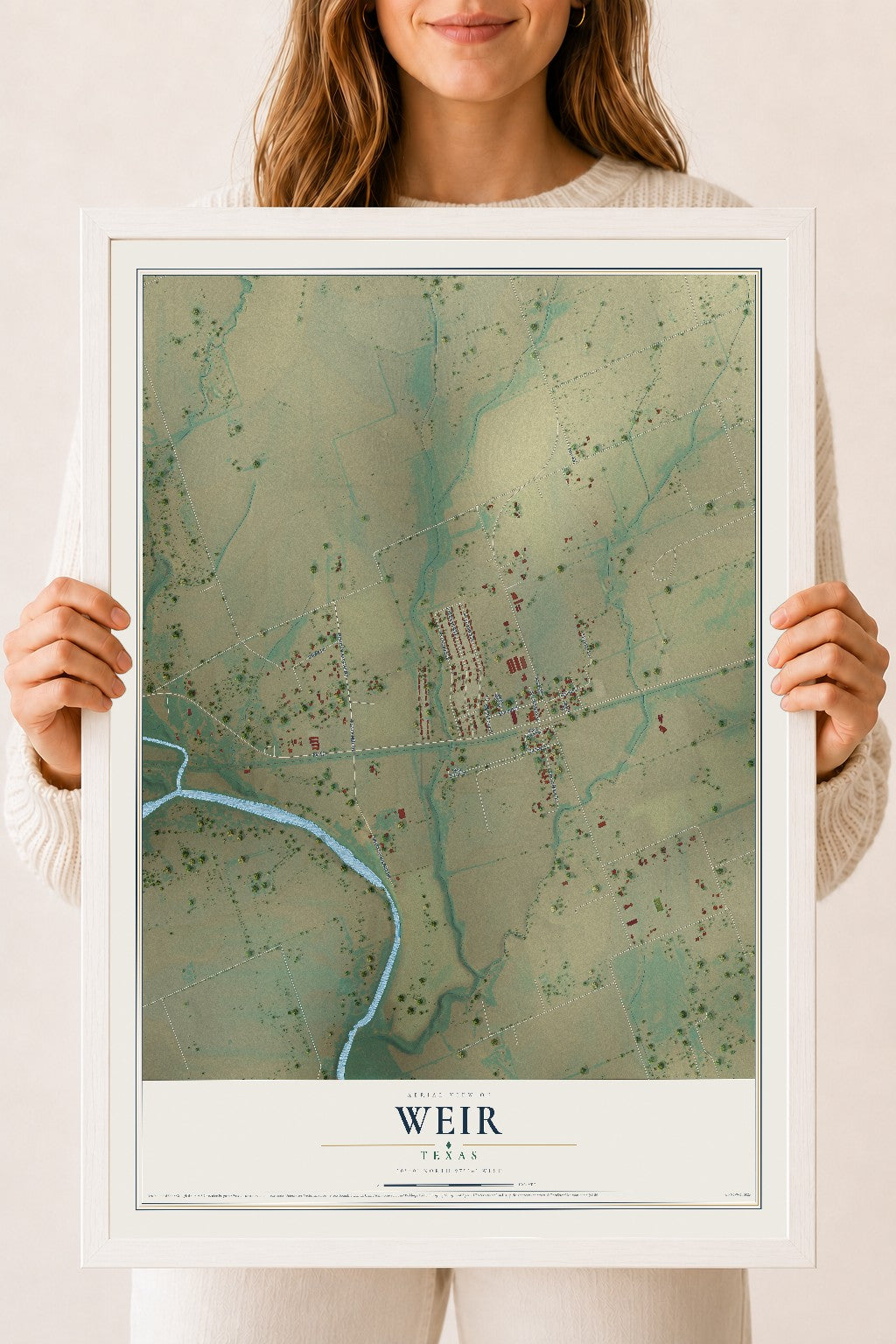 Map of Weir, Texas, 18 x 24 inch print in a white wood frame