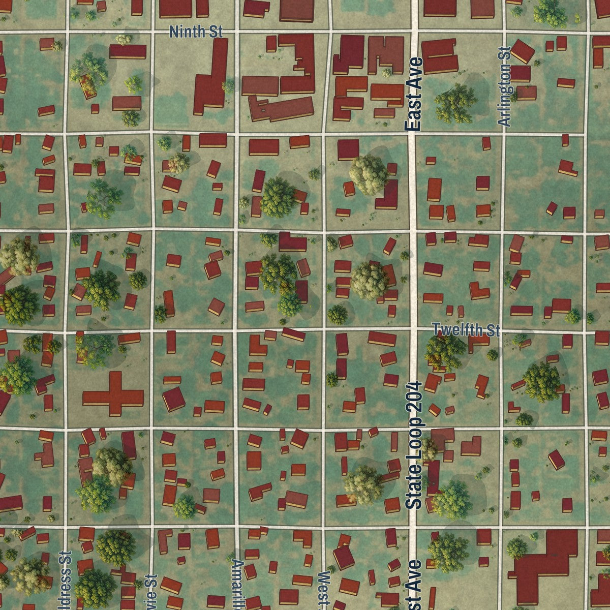 Close-up of the map of Wellington, Texas print showing street and building detail