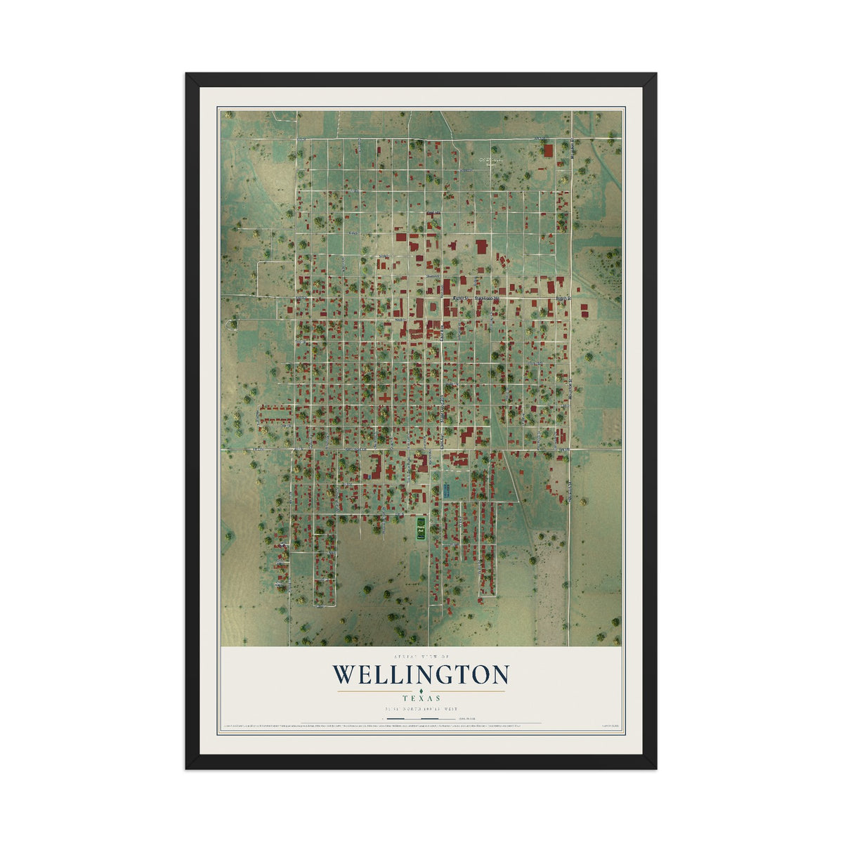 Map of Wellington, Texas, 12 x 18 inch print in a black wood frame