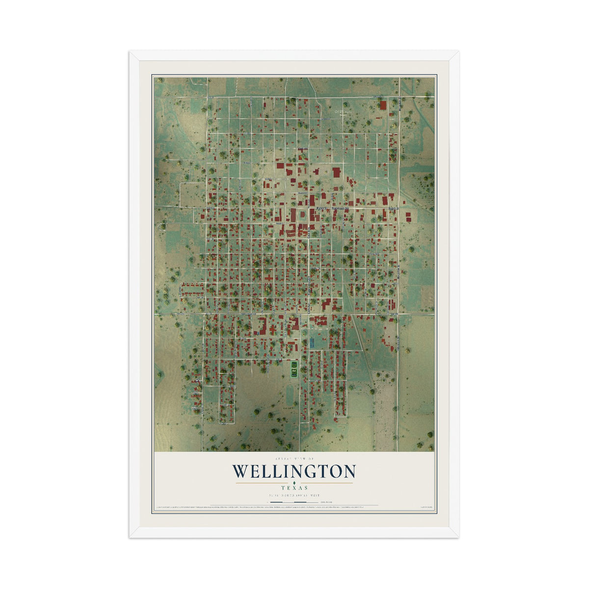 Map of Wellington, Texas, 12 x 18 inch print in a white wood frame