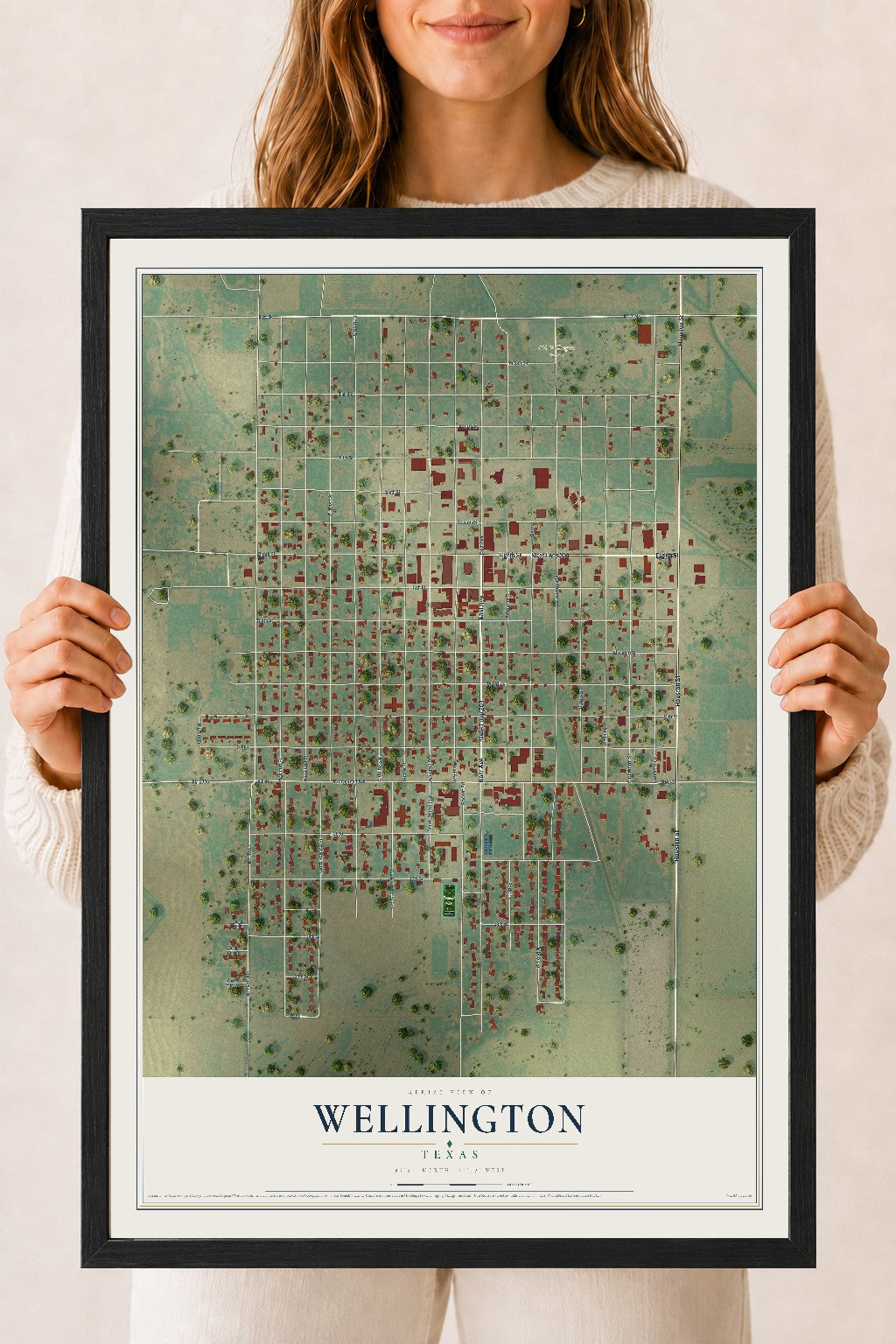 Map of Wellington, Texas, 18 x 24 inch print in a black wood frame
